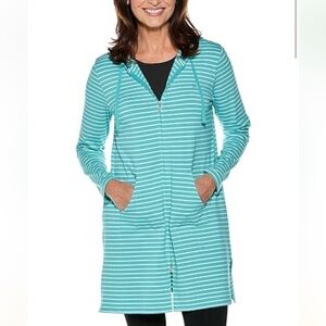 Coolibar Sun Protective Aqua Striped Hooded Zip Up Cover Up Size XS New With Tag